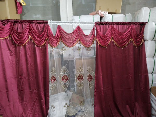ZEMEN Luxury Jacquard Curtain With Rod Pocket and Tape With Bcaking (Oxblood & White)